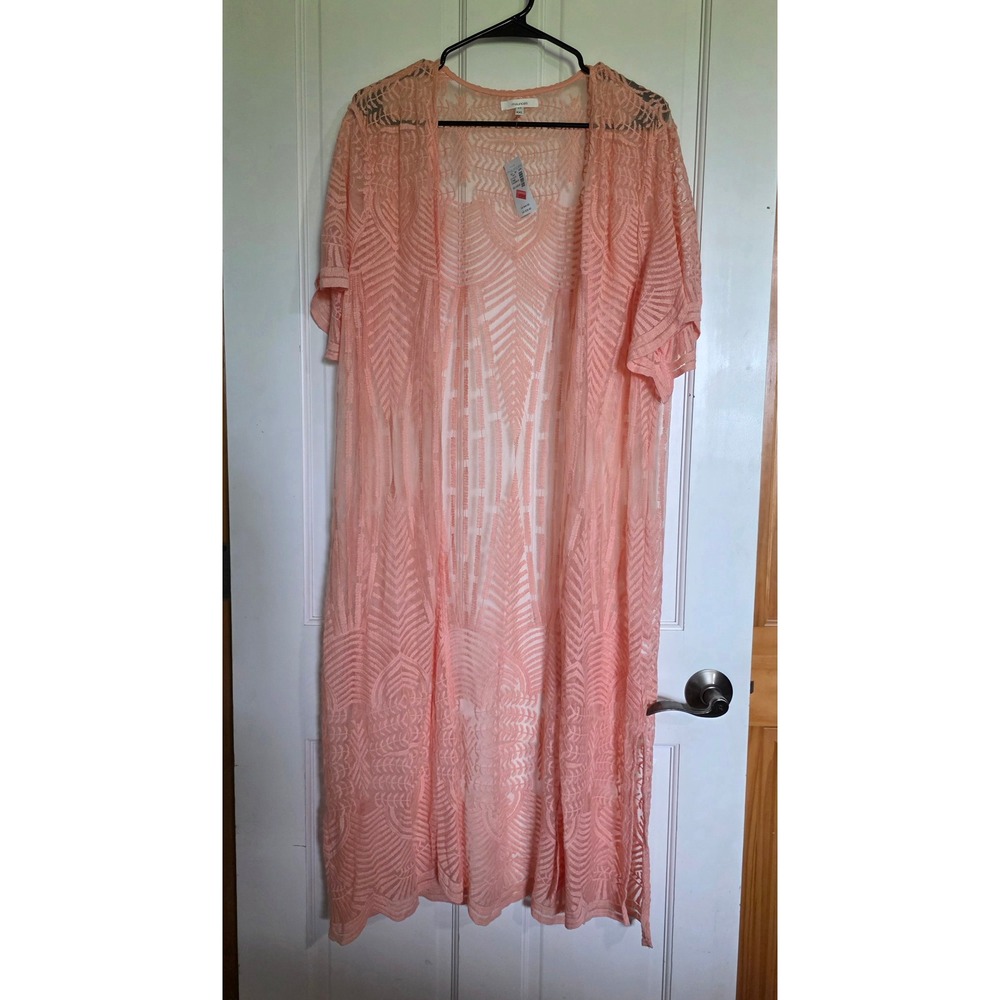 Maurices Womens XXL Coral Pink Lace Longline Kimono Sheer Mesh Cardigan NWT
